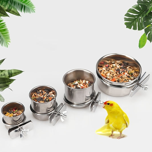 Stainless Steel Bird Feeding Cups with Clamp Holder for Parrot Food and Water