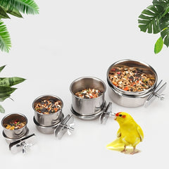 Stainless Steel Bird Feeding Cups with Clamp Holder for Parrot Food and Water