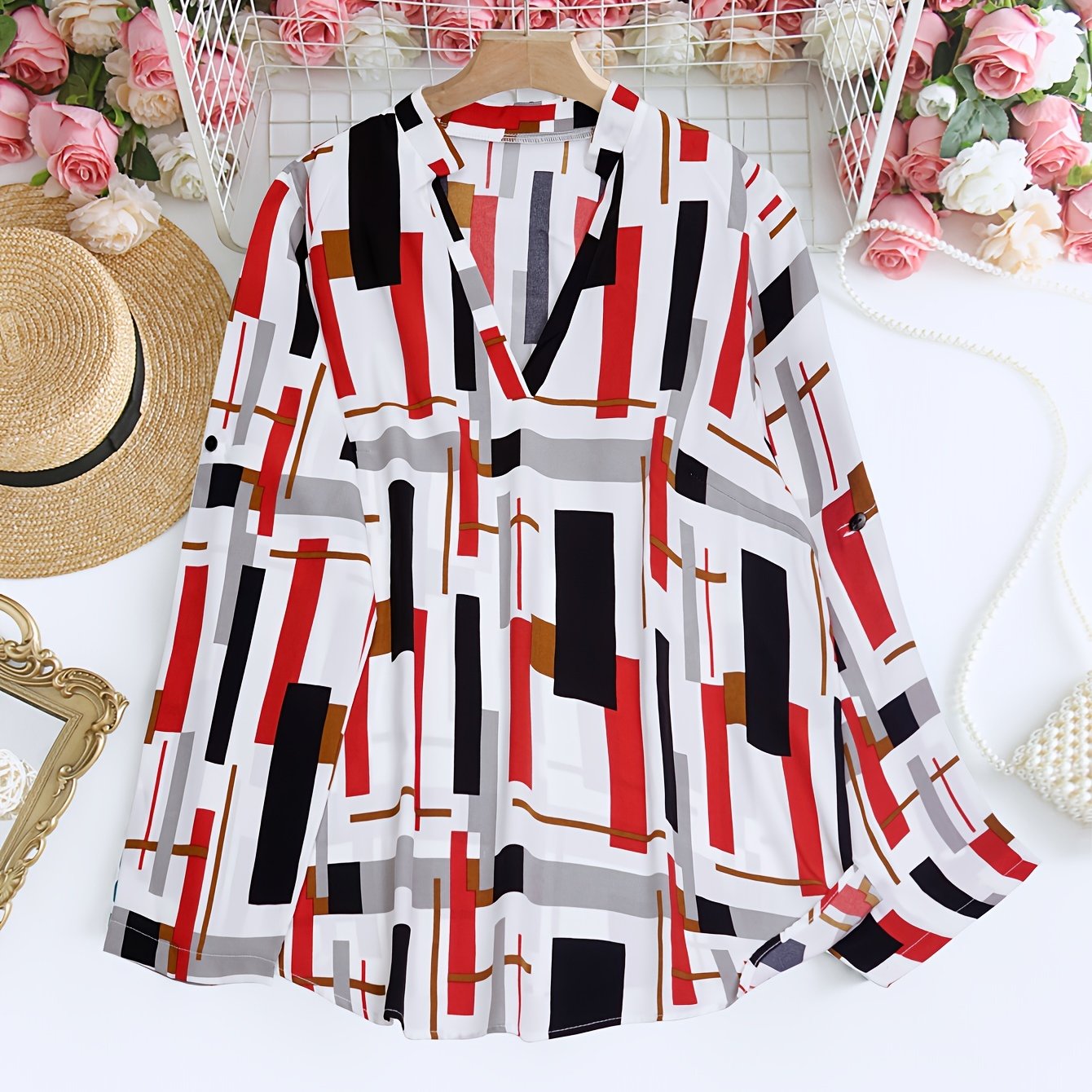  Stripe Print V Neck Blouse