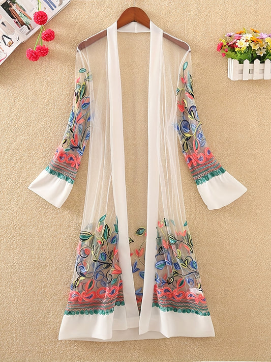 Floral Embroidered Sheer Cover Up Shirt Loose Fit Kimono