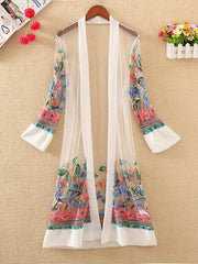 Floral Embroidered Sheer Cover Up Shirt Loose Fit Kimono
