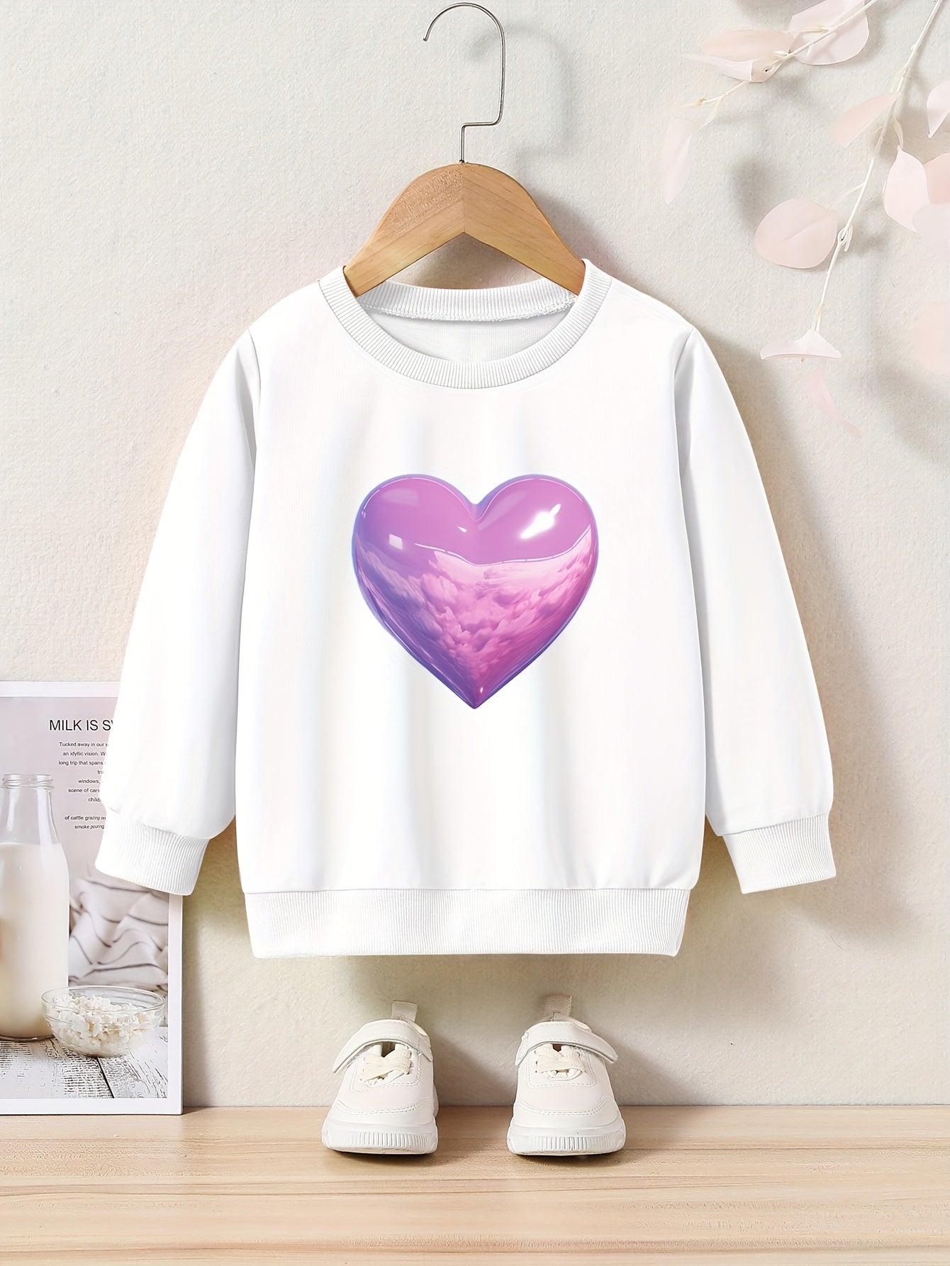 Cartoon Cloud Heart Print Girls Sweatshirt Crew Neck Tops