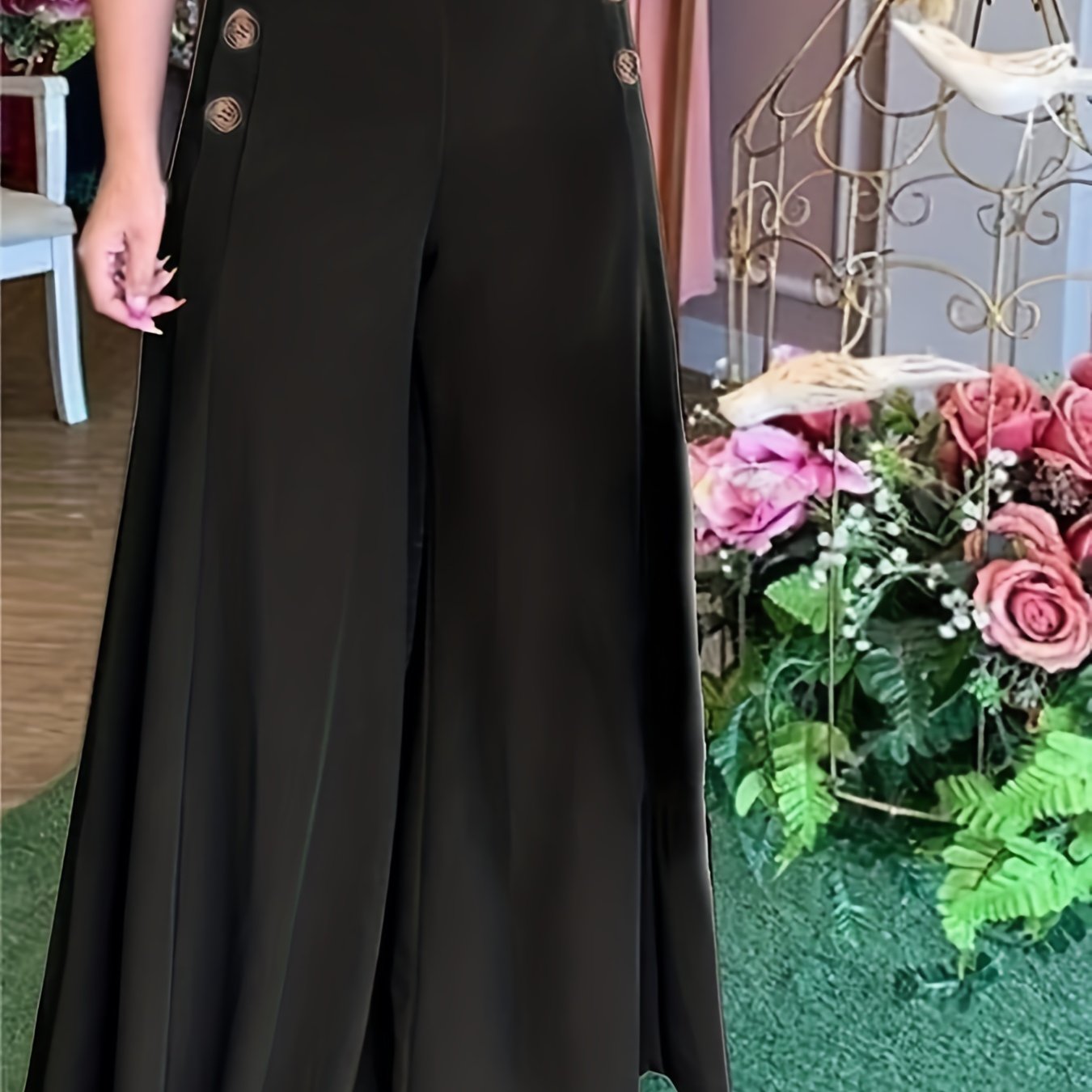  Women's Wide Leg Button Decor Loose Trousers