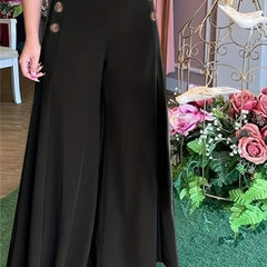  Women's Wide Leg Button Decor Loose Trousers