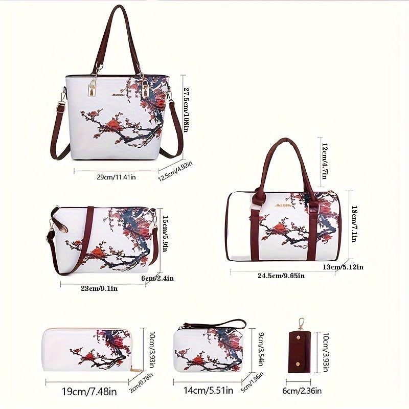 6pcs Floral Print Tote Bag Women Shoulder Handbag Crossbody Wallet Purse