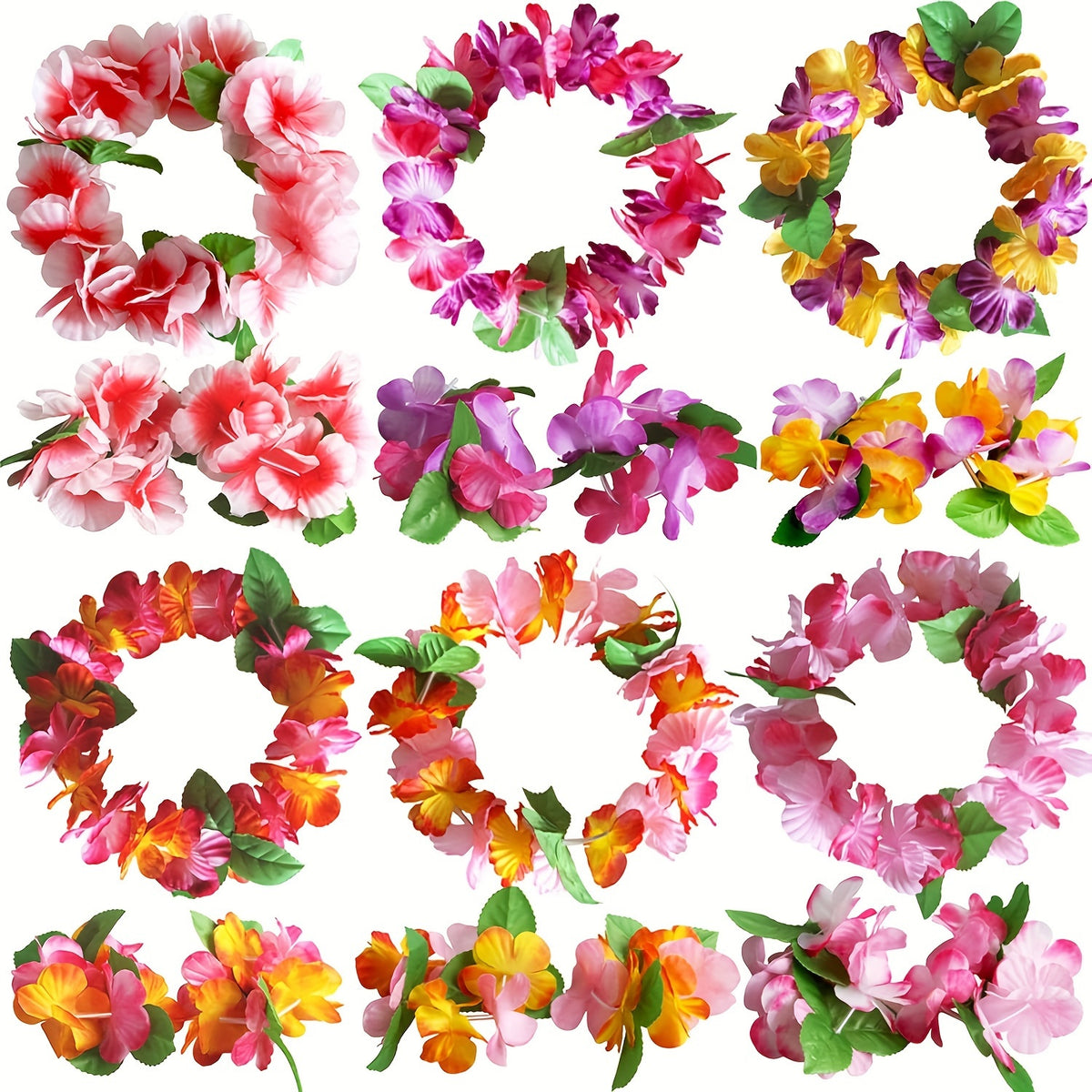 18pcs Tropical Hawaiian Luau Set Flower Headbands & Leaf Wristbands