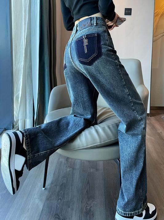 Colorblock Wide Leg Jeans Loose Fit Vintage Denim