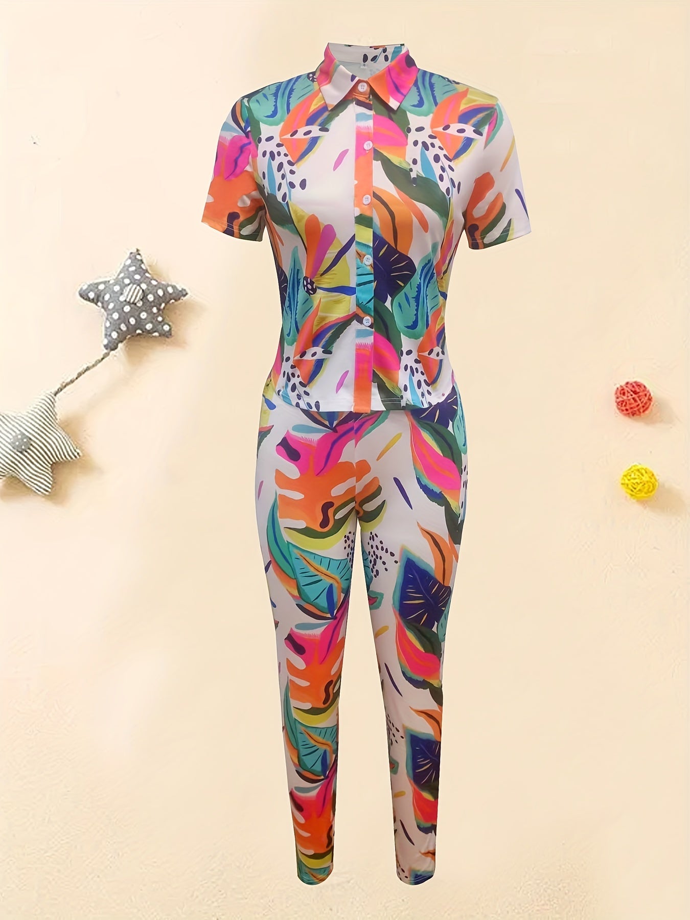Print Two Piece Set Polo Neck Short Sleeve Button Tops & Skinny Long Pants