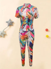 Print Two Piece Set Polo Neck Short Sleeve Button Tops & Skinny Long Pants