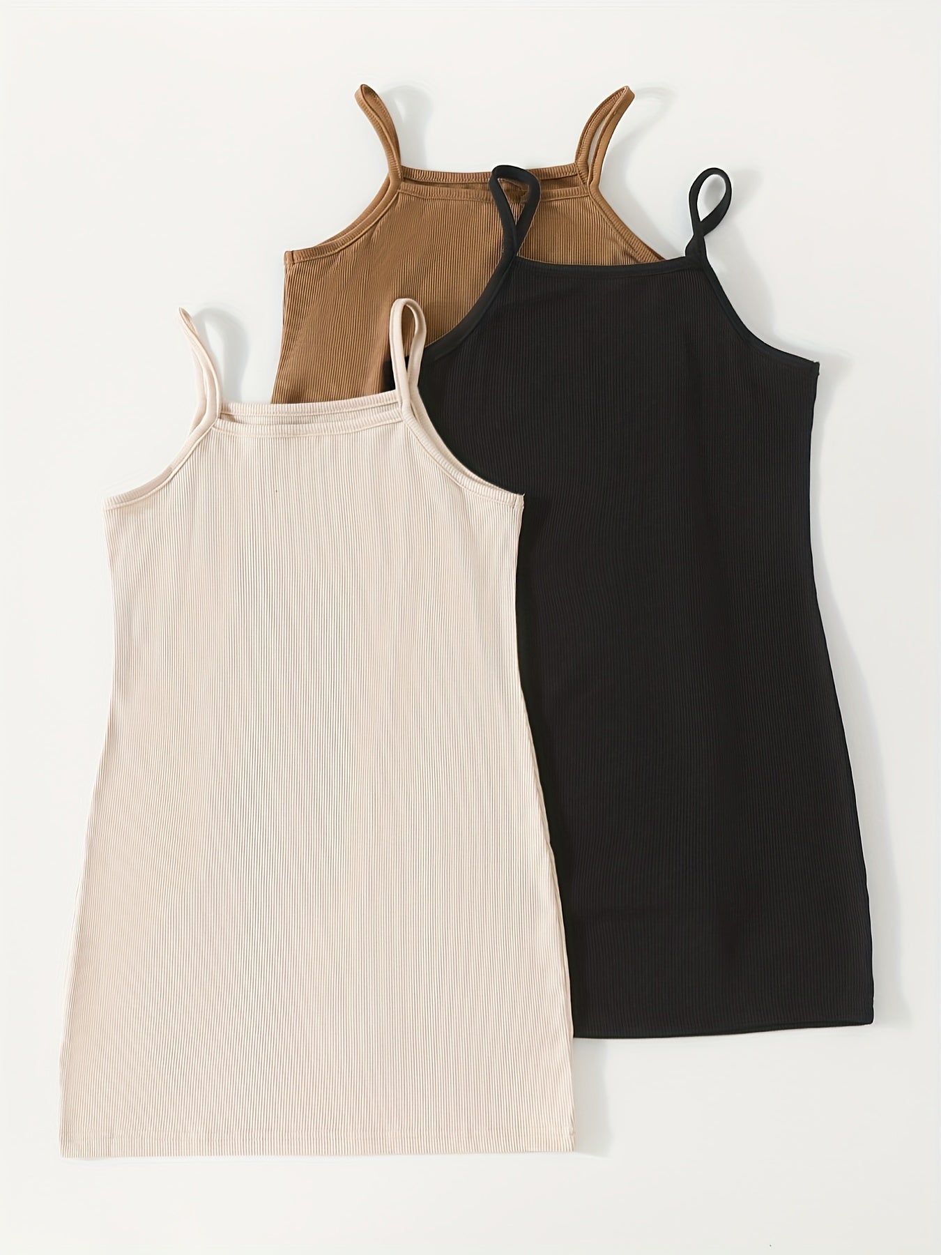3pcs Girls Ribbed Bodycon Cami Dress w/ Adjustable Straps
