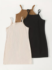 3pcs Girls Ribbed Bodycon Cami Dress w/ Adjustable Straps