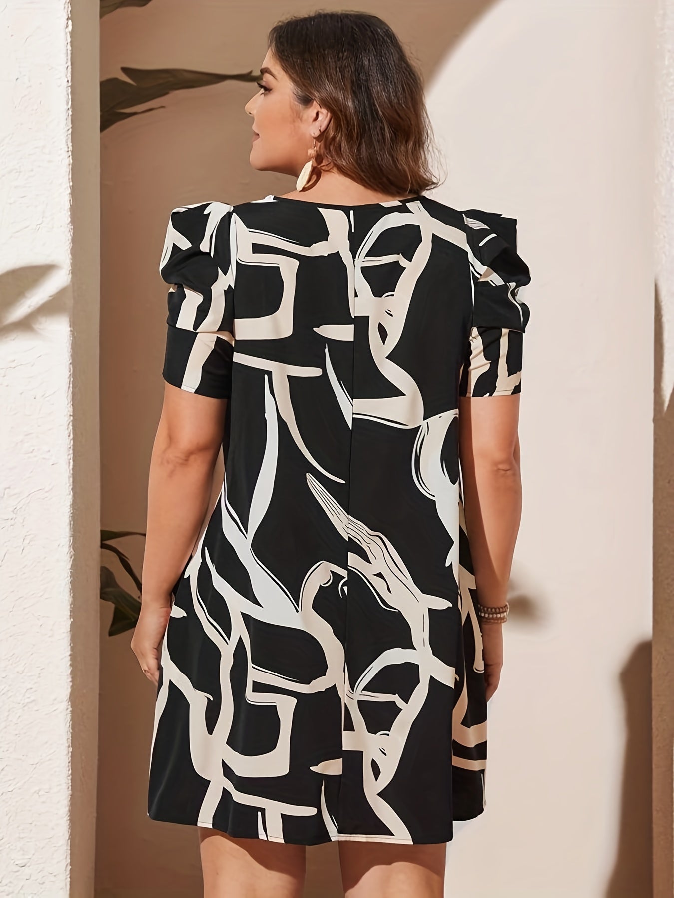  Graphic Print Puff Sleeve Mini Dress With Pockets