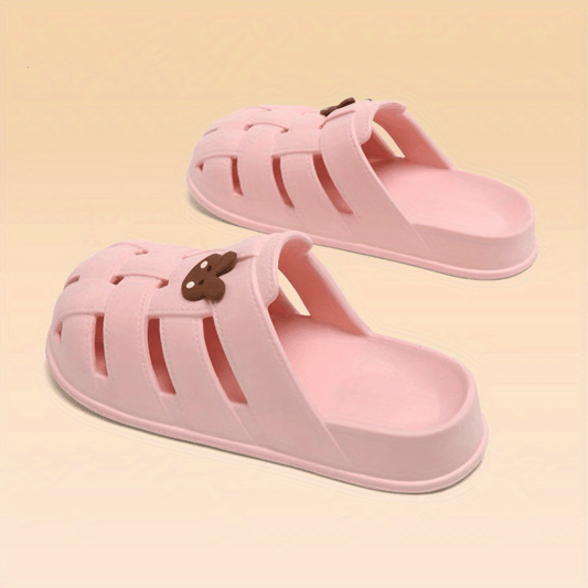 Flat Slide Sandals Bear Decor Slip On Shoes Closed Toe Hollow Out Slides