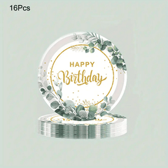 20pcs Disposable Happy Birthday Green Square Napkin Party Paper Plate
