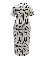  Graffiti Print Round Neck Maxi Dress With Pockets