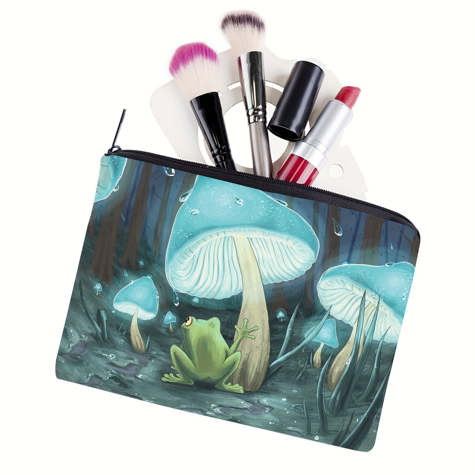 Frog Mushroom Rain Print Cosmetic Bag Zipper Travel Toiletry Bag