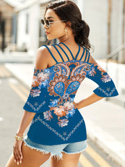 Paisley Print Cold Shoulder T shirt For Summer Women's