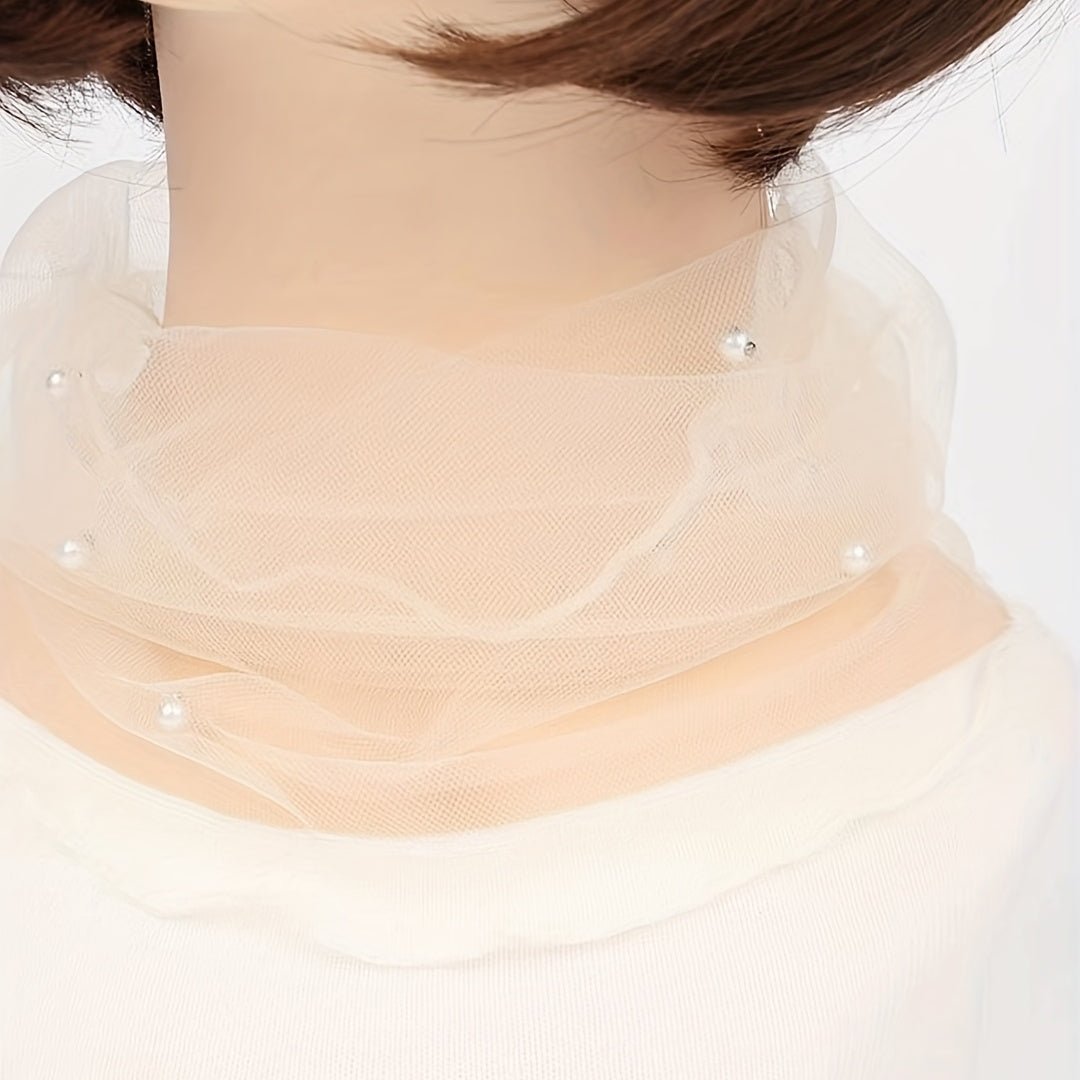 Faux Pearl Scarf Neckerchief Lightweight Gauze Infinity Scarf