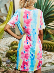 Tie Dye Twist Front V Neck Dress Short Sleeve Casual Summer Women Clothing