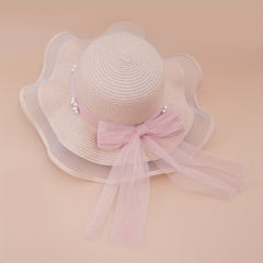 Lace Sun Hat Ribbon Bowknot Faux Pearl Straw Hat