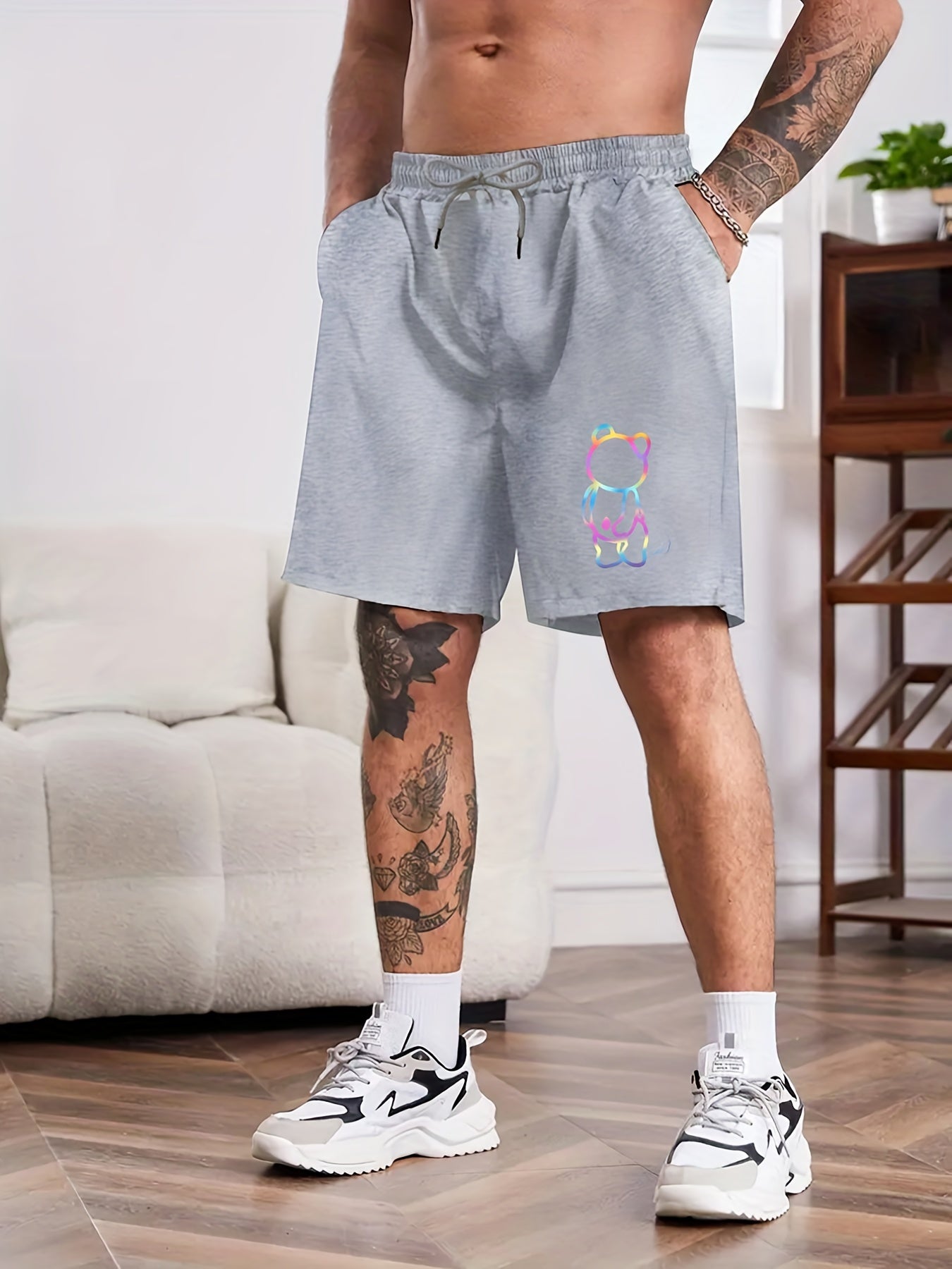 Cartoon Bear Print Men's Comfy Shorts Summer Drawstring Casual Loose Shorts