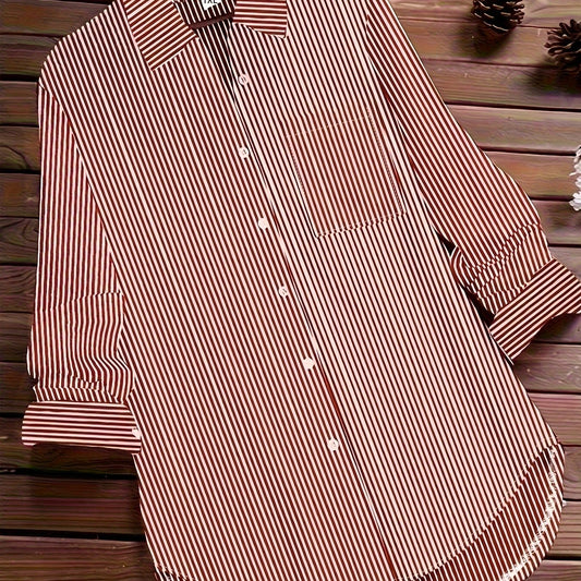  Stripe Print Button Up Long Sleeve Blouse