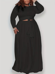  Solid Long Sleeve Crop Top & Maxi Skirt Set