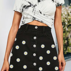 Floral Pattern Denim Skirt Single Breasted Button Women's Denim