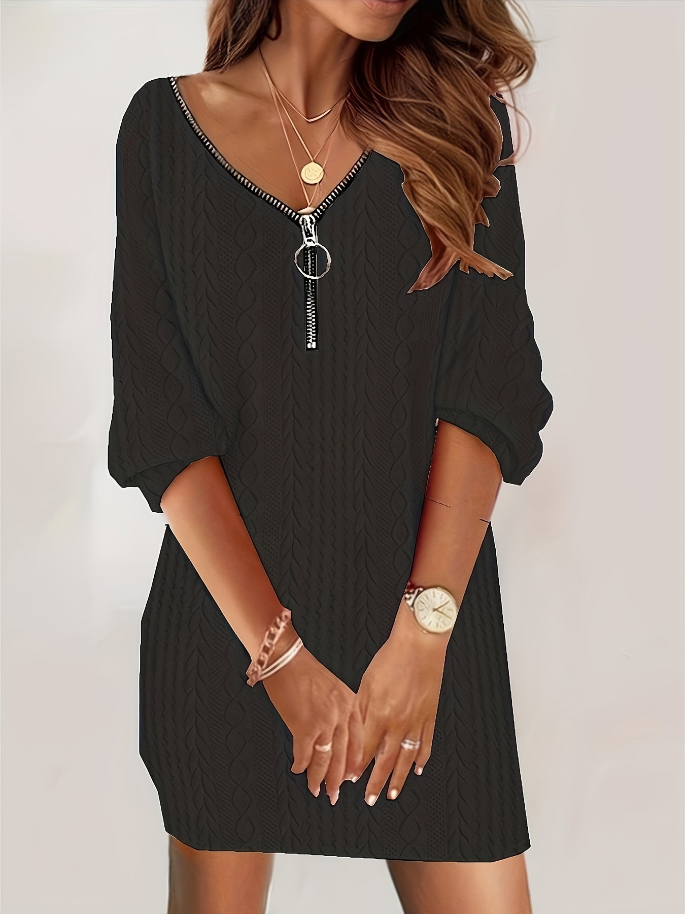 Women's Plus Solid Half Zipper Long Sleeve V Neck Mini Dress