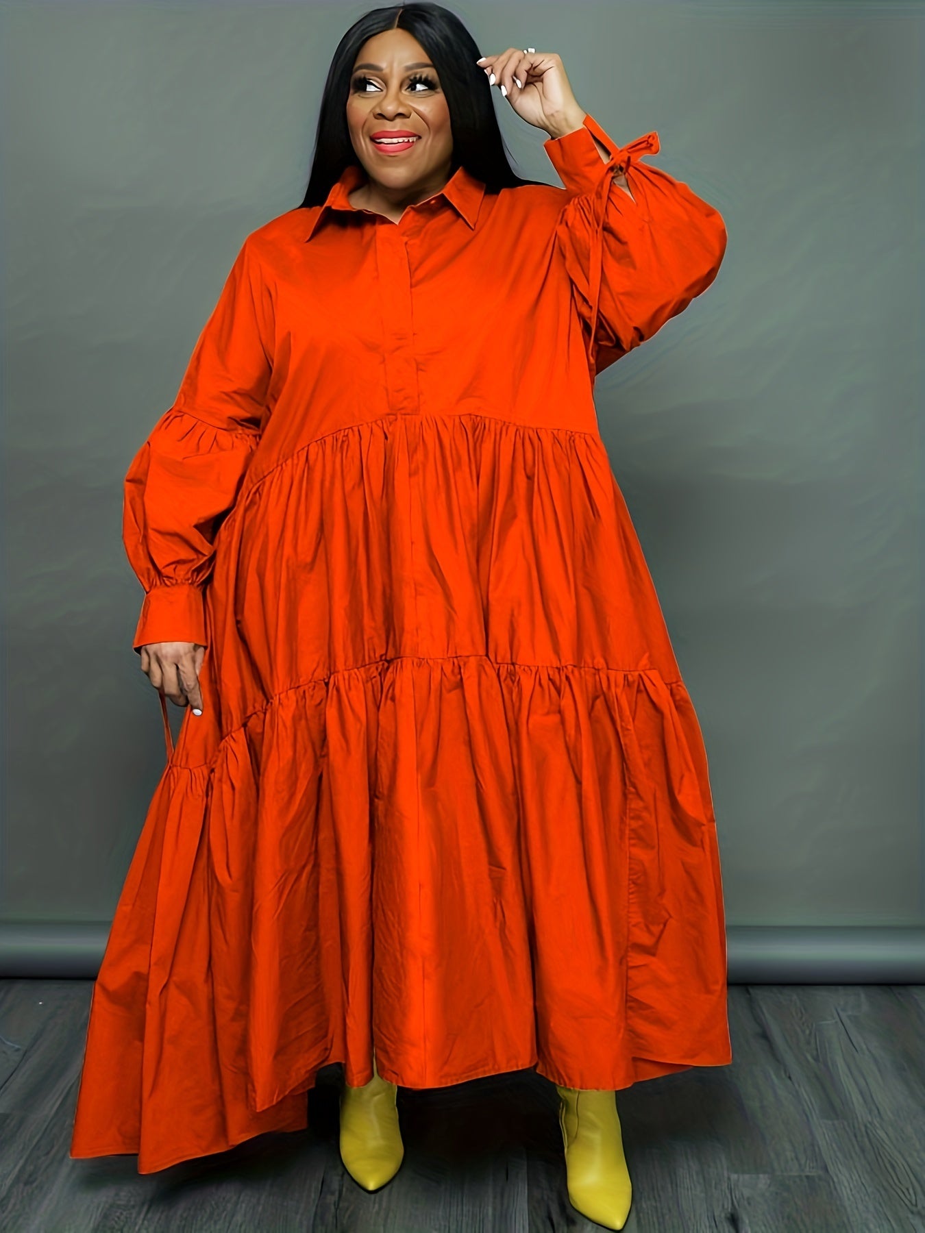  Tie Lantern Sleeve Ruffle Smock Dress