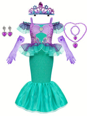 Girls Mermaid Princess Dress Set with Gloves, Crown and Jewelry