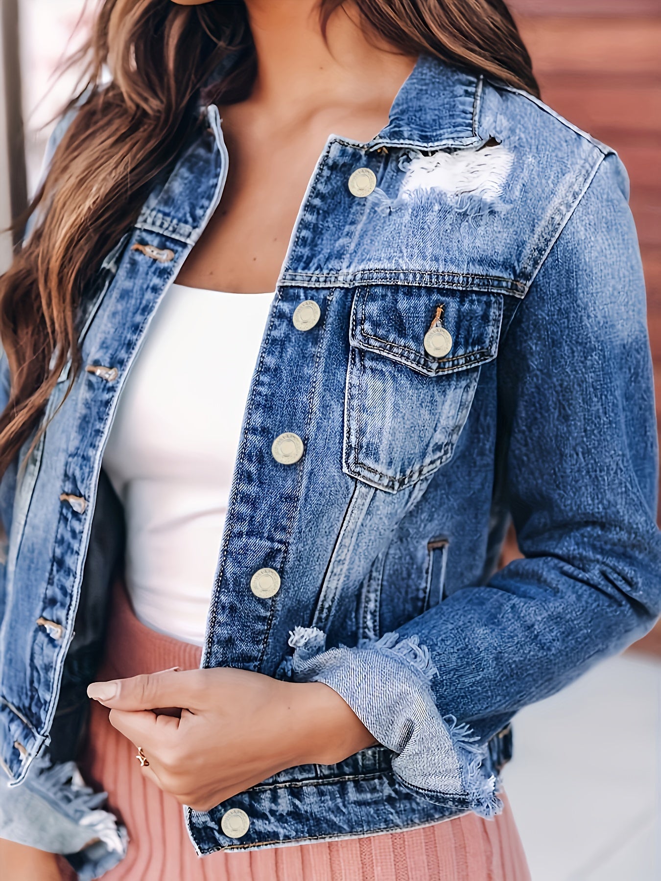 Ripped Holes Denim Jackets Long Sleeves Distressed