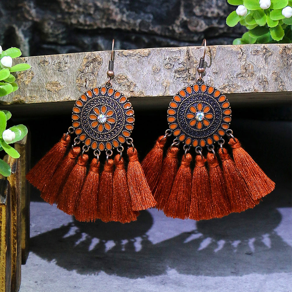 Bohemian Style Fan Shaped Tassel Earrings with Rhinestones