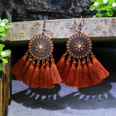 Bohemian Style Fan Shaped Tassel Earrings with Rhinestones