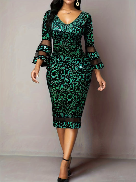  Braque Print Contrast Mesh Trumpet Sleeve Party Dress