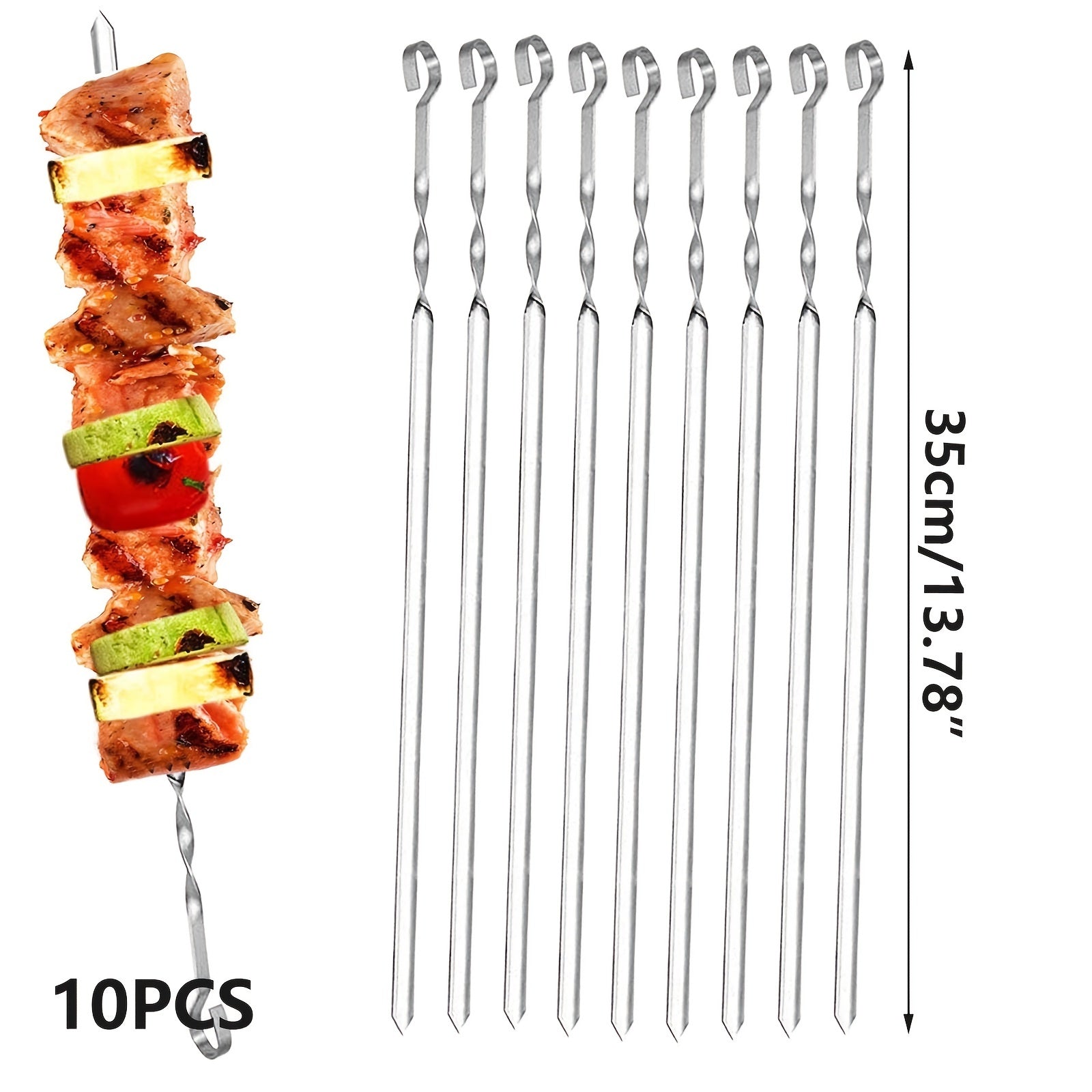 10pcs Stainless Steel BBQ Skewers for Outdoor Grilling & Camping