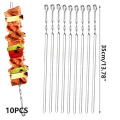 10pcs Stainless Steel BBQ Skewers for Outdoor Grilling & Camping