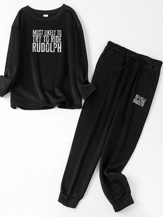  Letter Print Lounge Set Long Sleeve Top & Joggers Pajamas