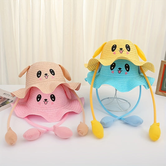 Rabbit Straw Hat for Girls Sun Protection with Moving Ears