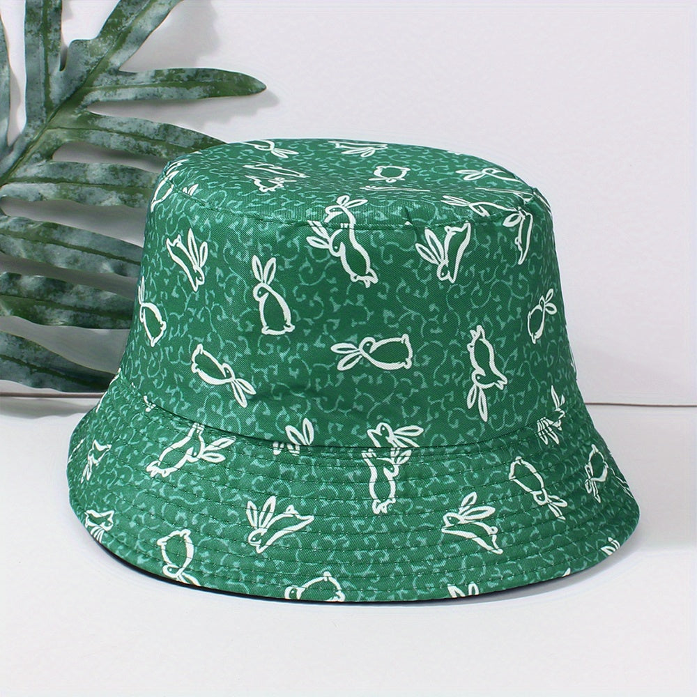 Green Rabbit Print Bucket Hat Lightweight Casual Fisherman Cap