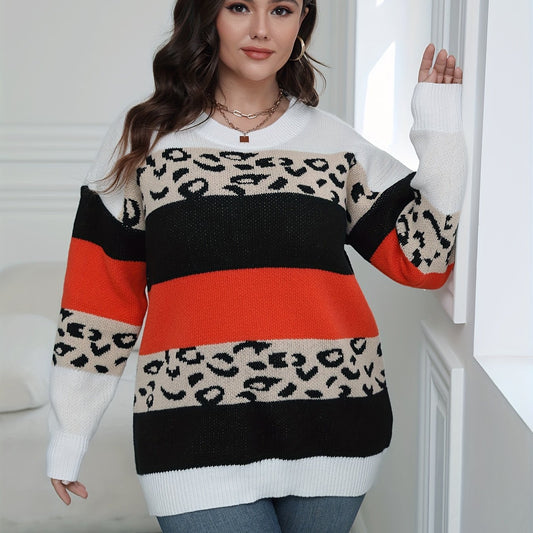  Colorblock Leopard Print Round Neck Jumper