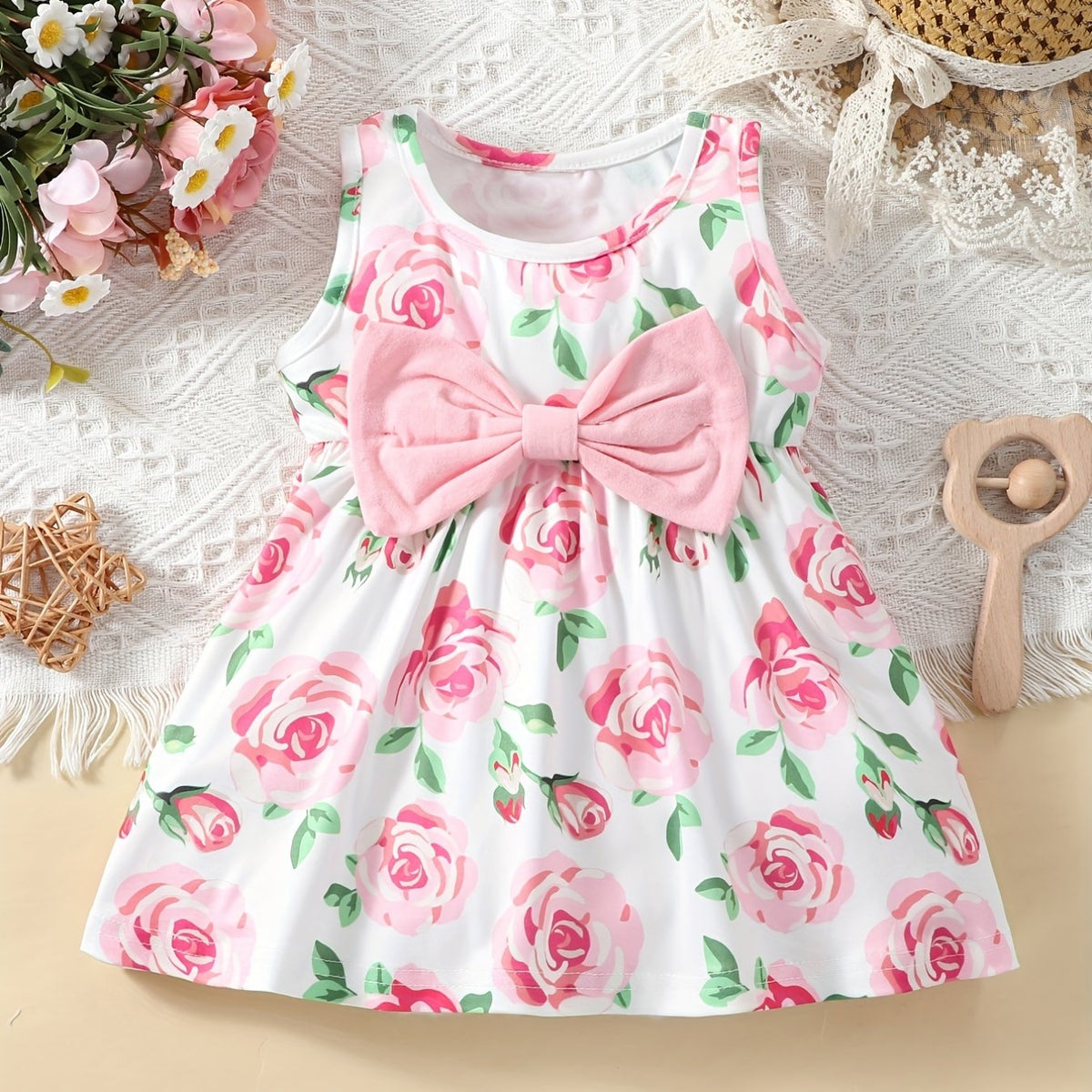 Baby Girls Casual Rose Print Sleeveless Dress Summer