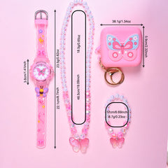 Girls' 3D Butterfly Strap Watch Set with Bracelet & Coin Purse