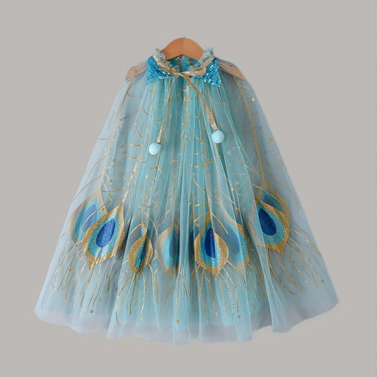 Girls Cartoon Peacock Mesh Princess Cape for Party Performance