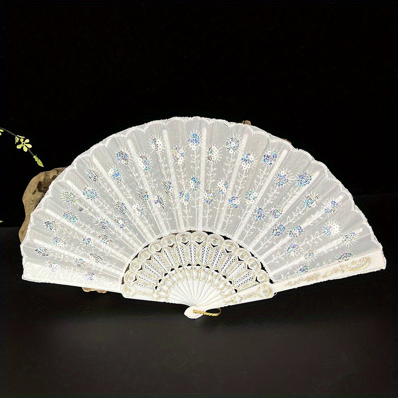 Plastic Embroidered Fan Sequins Chinese Dance Fan