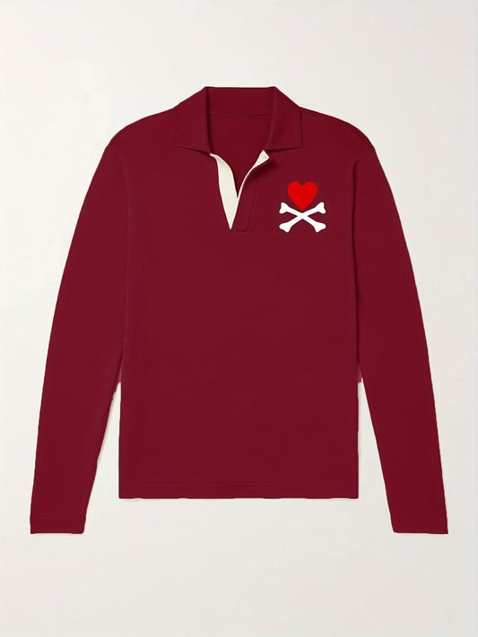 Heart Pattern Knit Polo Shirt Men's Casual Lapel Stretch V Neck Pullover