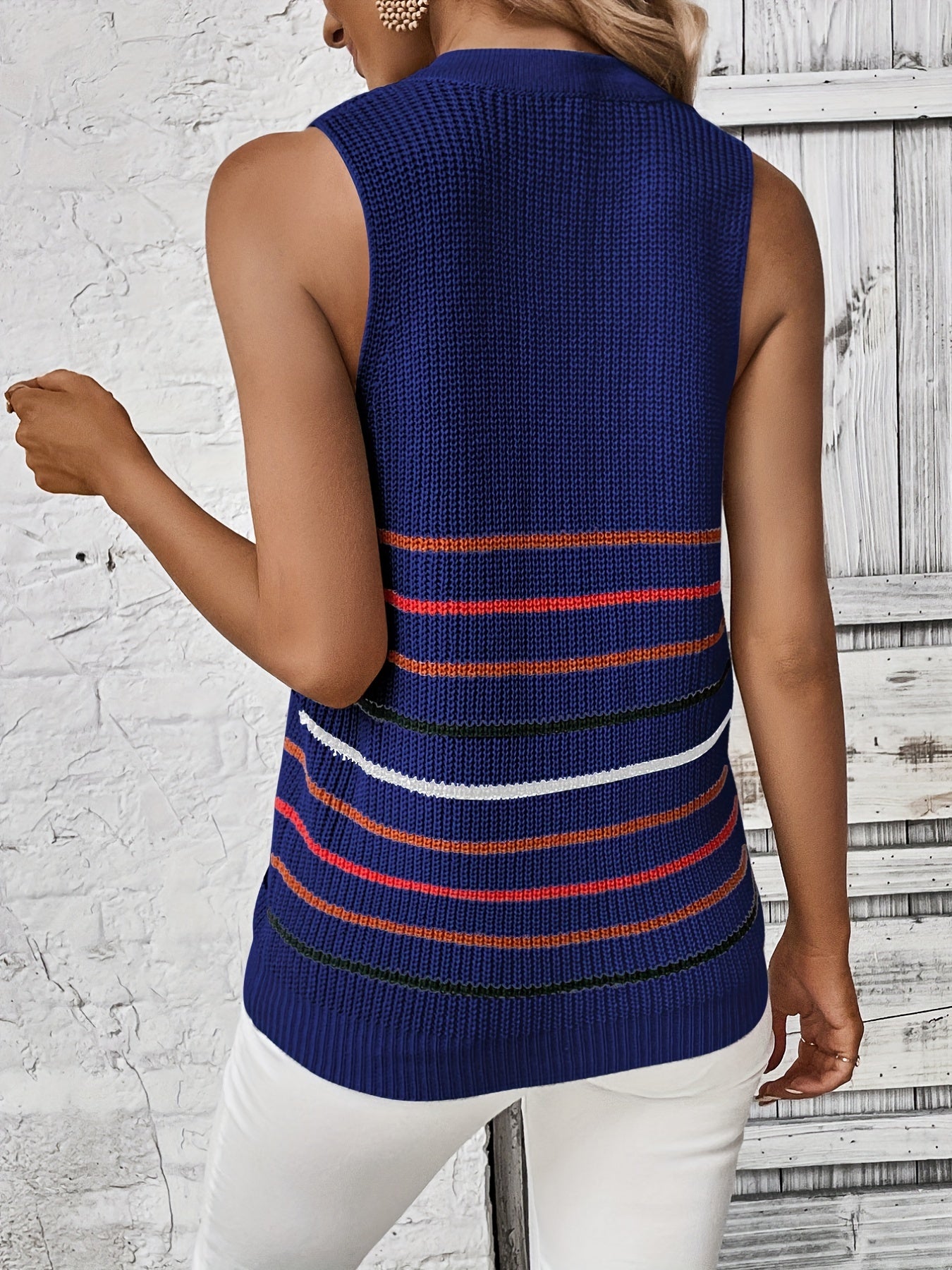 Striped Knitted V Neck Tank Top Summer Sleeveless Casual Top
