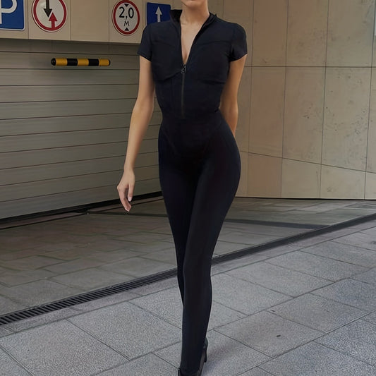 Solid Zip Up Slim Jumpsuit Short Sleeve Sexy Women's Clothing