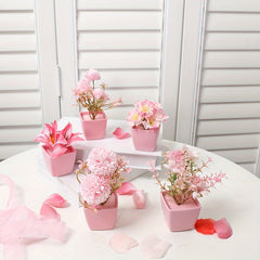 5pcs Artificial Flower Green Plant with Pink Flower Small Potted Plant