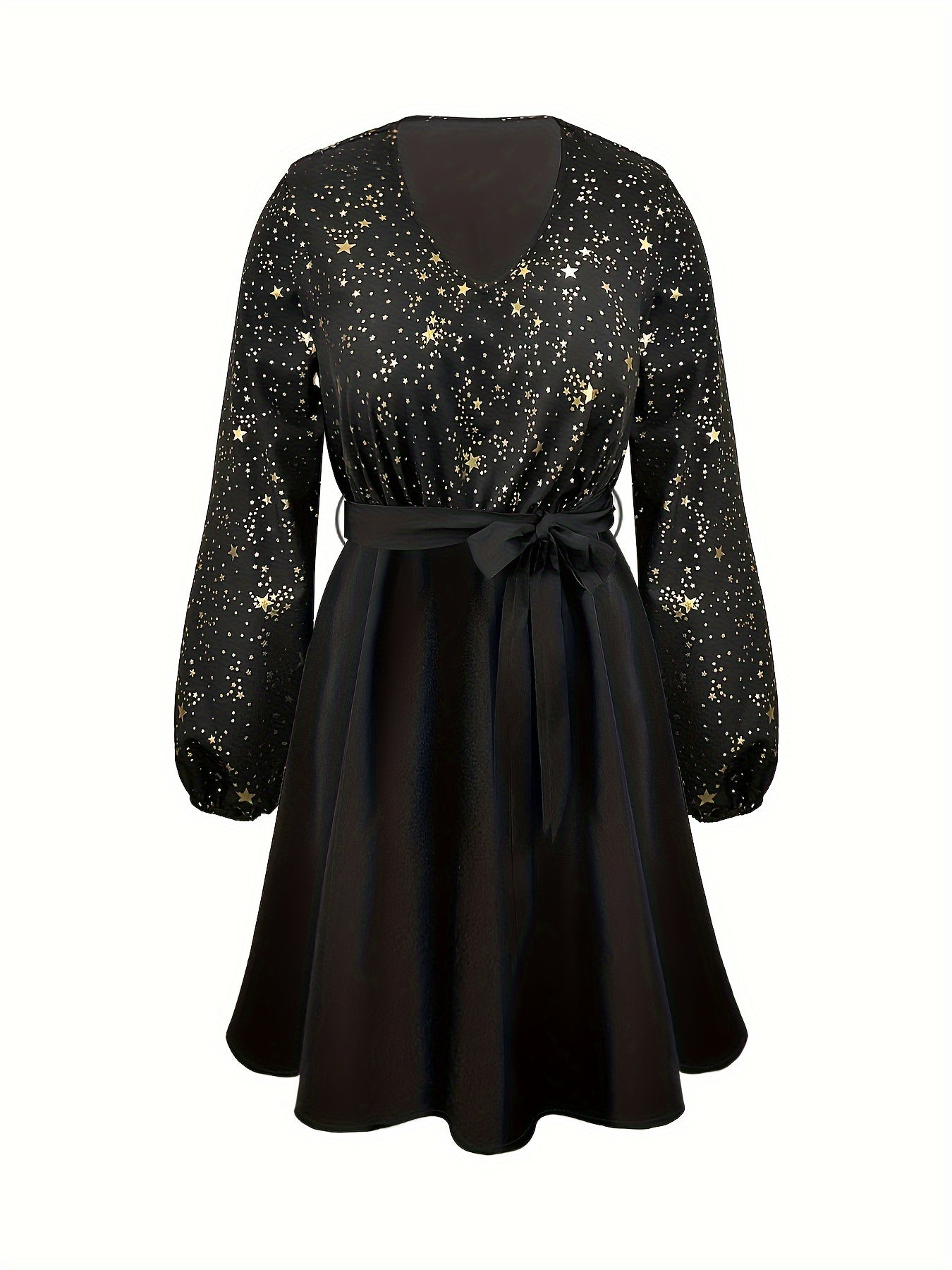  Galaxy Print V Neck Swing Belted Dress